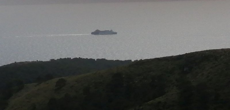 200313_Schiff.jpg - Mallorca-Wanderungen - 13.03.2020 - Talaia d' Alcudia -  vom Wanderweg   Schiff vor dem Hafen Port d' Alcudia 